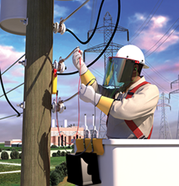 Lineman in bucket truck wires a pole