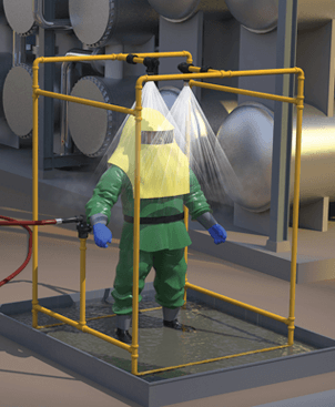 Illustration graphic of a worker in a hazardous materials protective suit